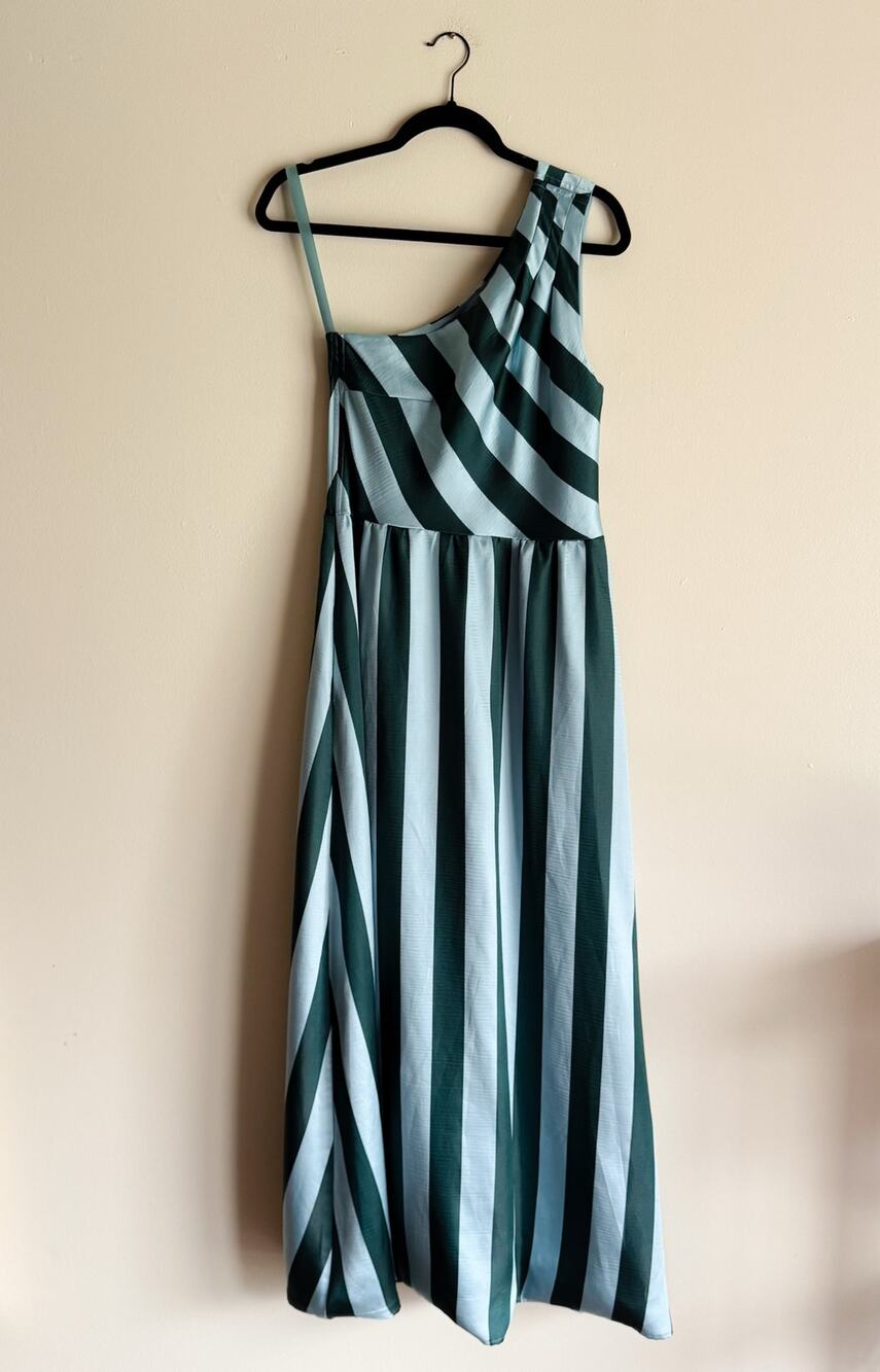 Abbey Glass Blue + Teal Stripe Mikado One Shoulder Caroline Gown Small Event